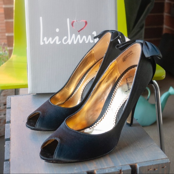 Luichiny Black Satin Peep Toe Heels - size 8 - Picture 2 of 8